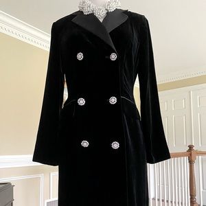 Bloomingdale’s Black Velvet Tuxedo Spring Coat with Crystal Flower Buttons- 2